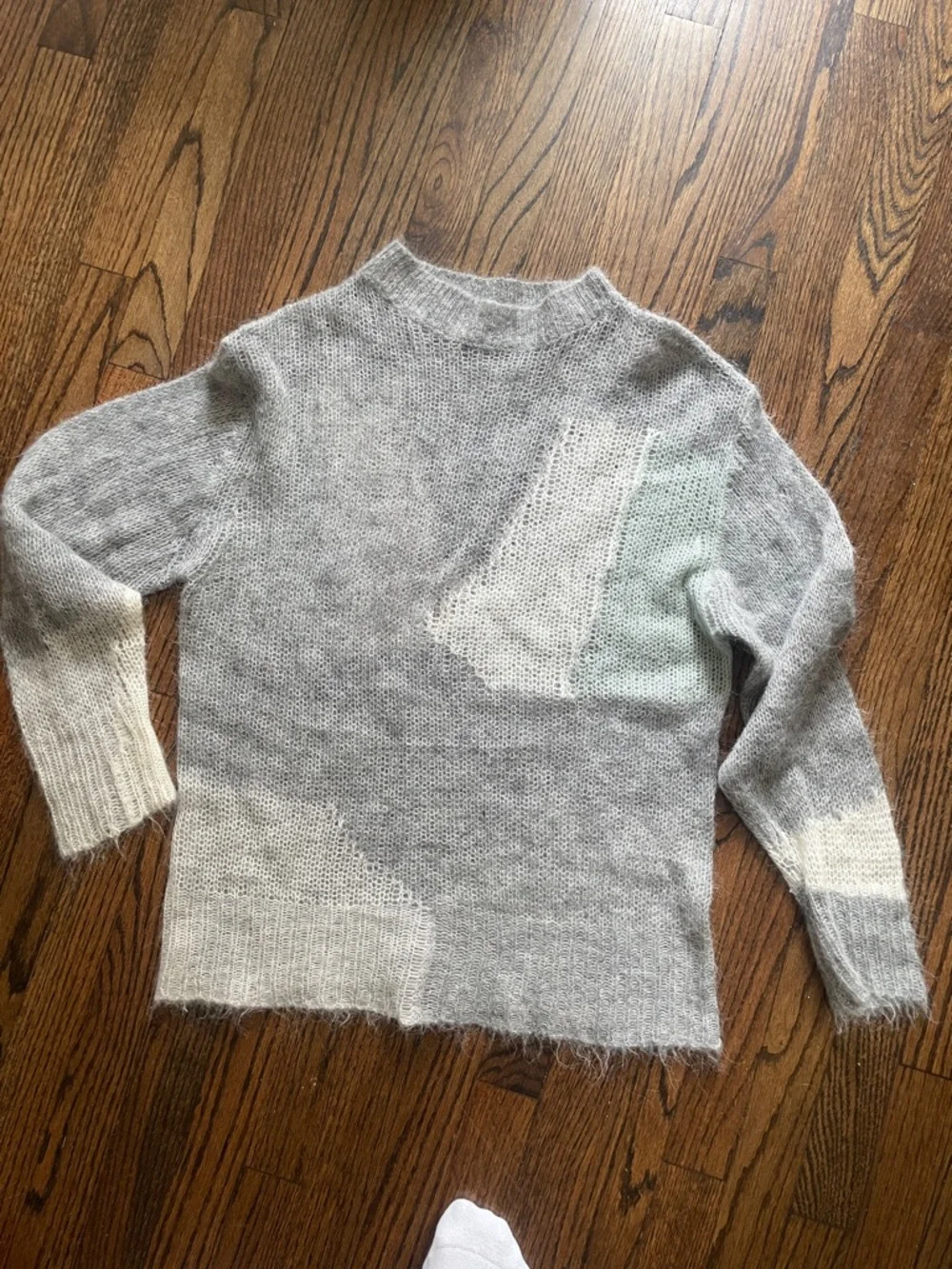 Zara Gray Mohair-Blend Crewneck Sweater with Cream & Mint Accents